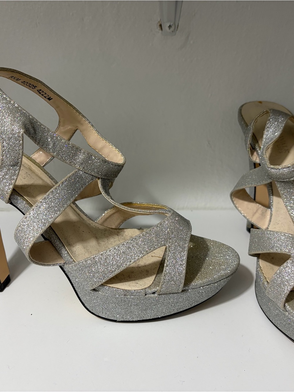 Silver Glitter Strappy Platform Heels - Women